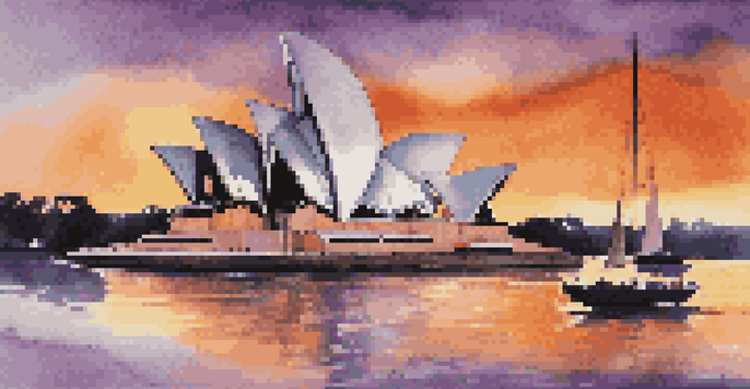 The Sydney Opera House illuminated by the sunset, with reflections in the water and boats in the foreground.