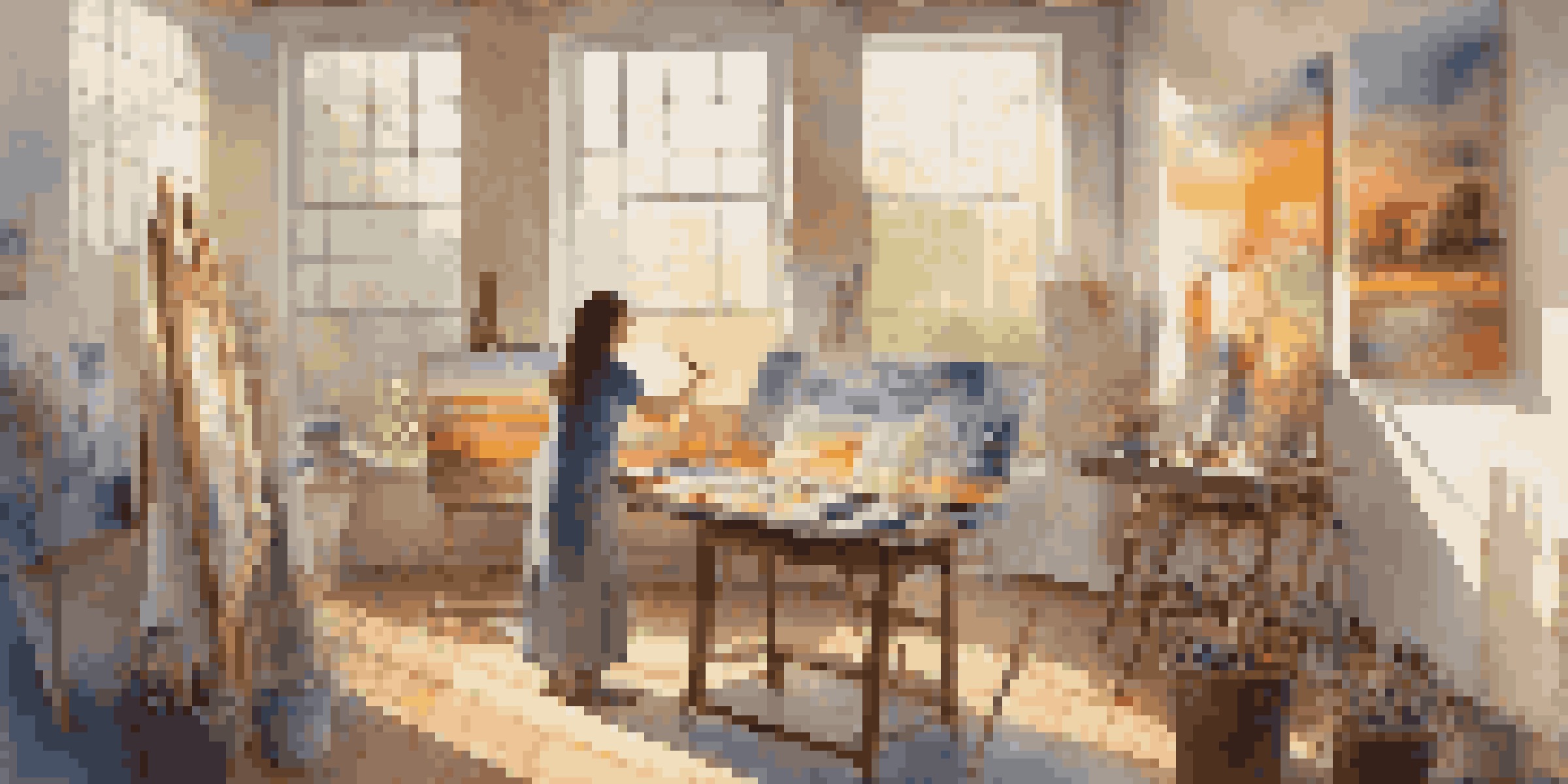 An artist in a bright studio, painting a landscape on a canvas with colorful abstract artworks around her.