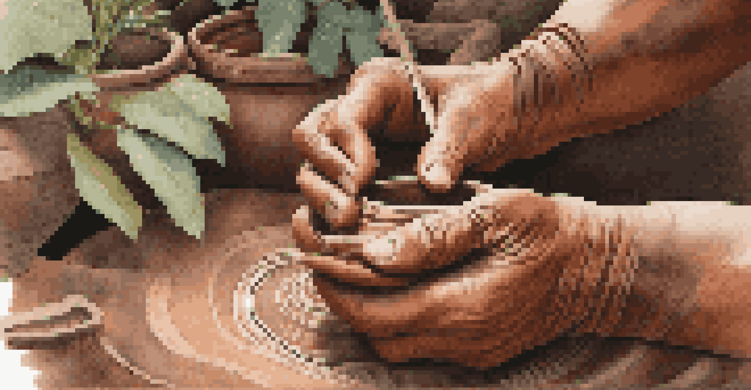 An Indigenous artist's hands crafting pottery, surrounded by natural materials and soft light highlighting the textures.