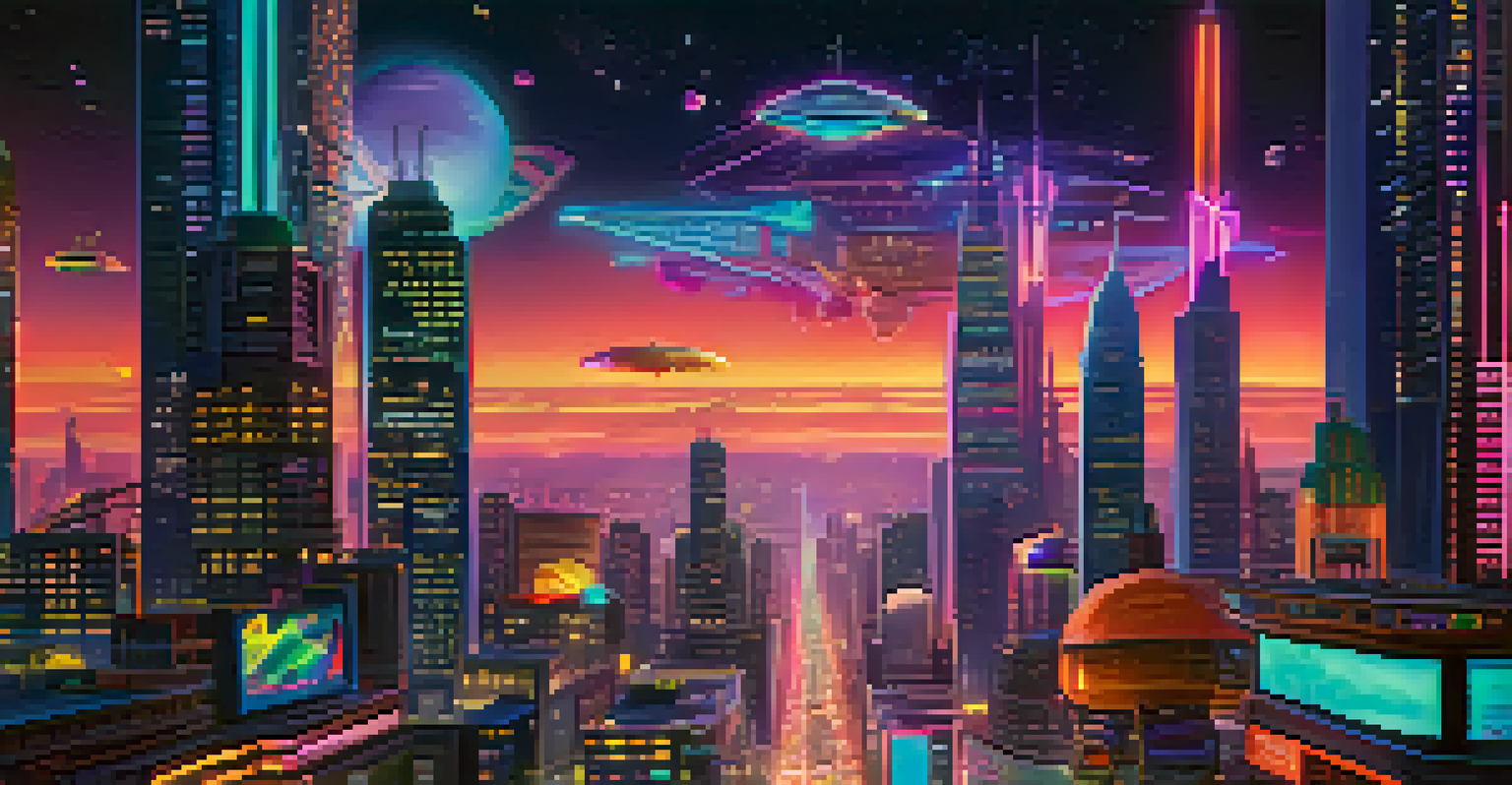 A futuristic digital art cityscape with skyscrapers, neon lights, and flying vehicles at night.