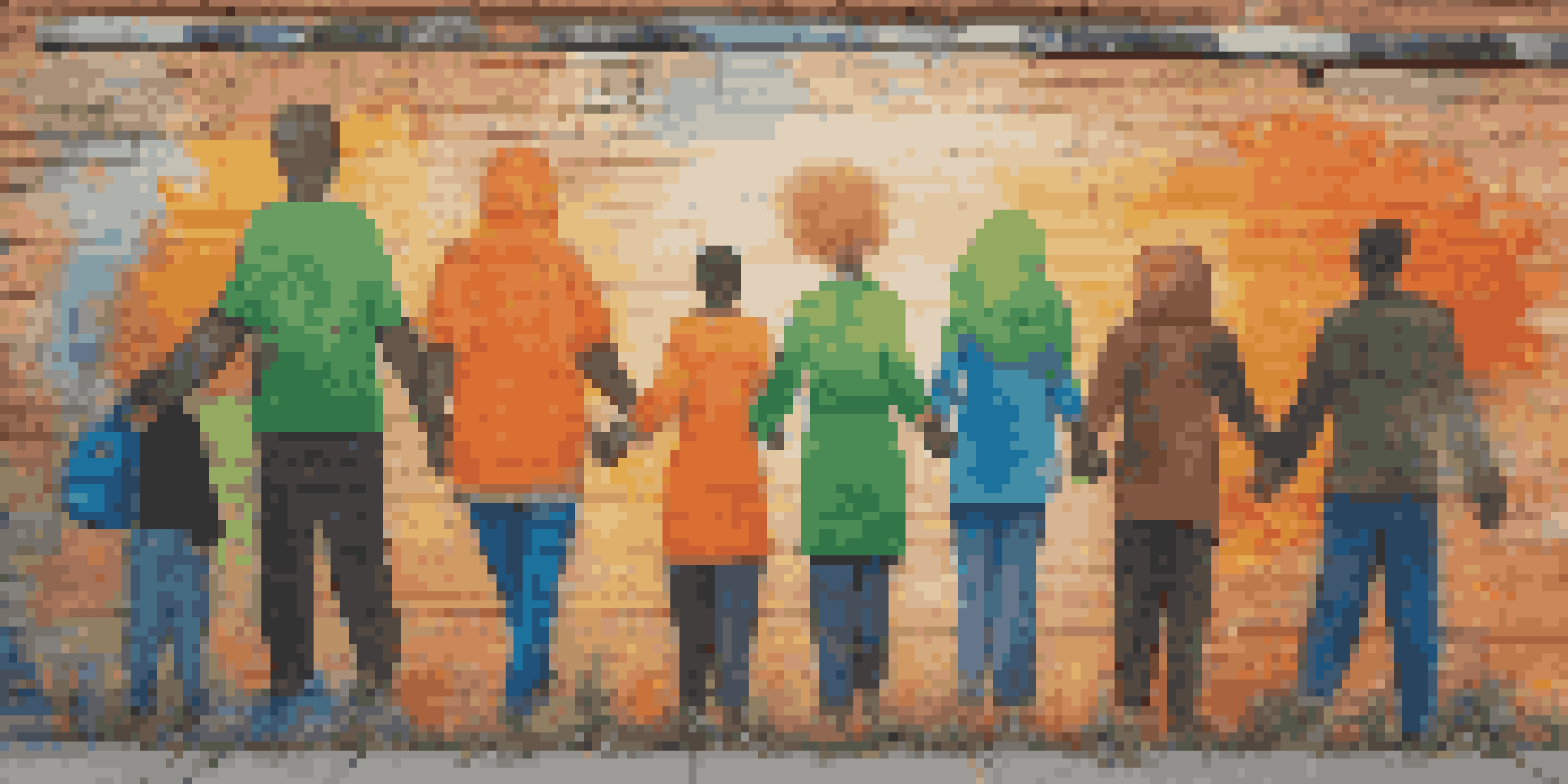 A colorful mural showing diverse activists holding hands, symbolizing unity and social justice, against a brick wall.