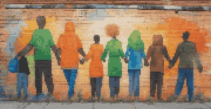 A colorful mural showing diverse activists holding hands, symbolizing unity and social justice, against a brick wall.