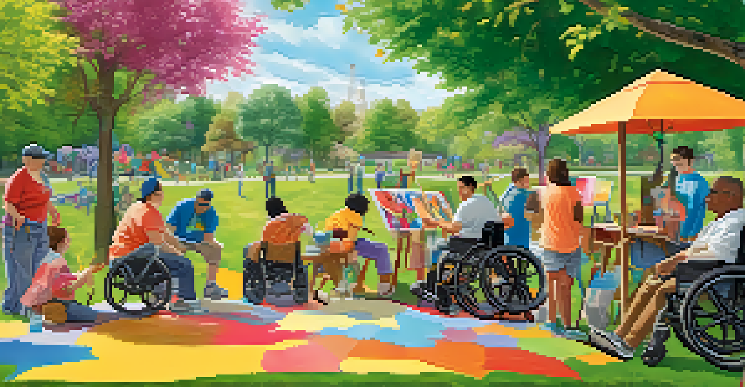 A diverse group of individuals with disabilities painting a large mural outdoors in a sunny park, surrounded by art supplies and vibrant colors, showcasing creativity and collaboration.