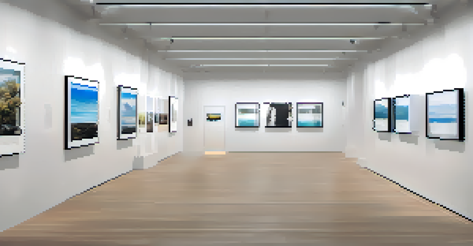 A modern virtual art gallery showcasing digital artworks focused on social issues, with soft spotlights illuminating each piece.