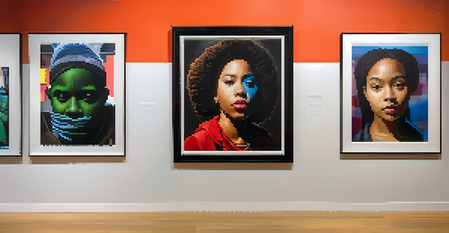 A close-up of a powerful artwork addressing social justice, displayed in a gallery with viewers discussing its significance.