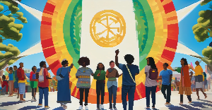 A colorful mural showing diverse activists holding hands, surrounded by cultural banners and artwork, in a bright urban setting.