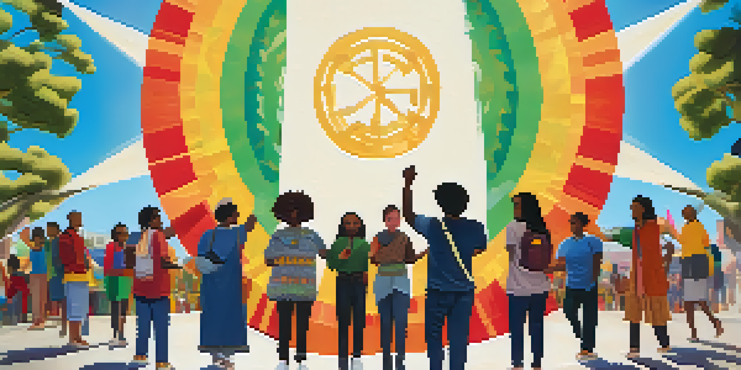 A colorful mural showing diverse activists holding hands, surrounded by cultural banners and artwork, in a bright urban setting.
