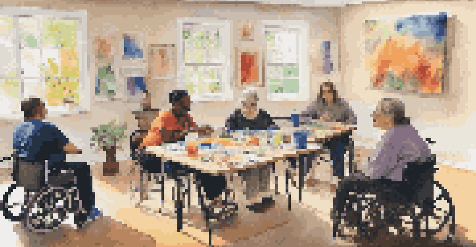 An art therapy session with individuals with disabilities creating expressive art in a cozy, well-lit room.