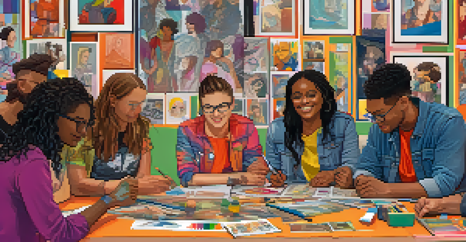 A diverse group of friends of varying gender identities collaborating on a creative project, surrounded by art supplies and joyful expressions.