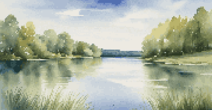 A peaceful lake surrounded by green trees and a clear sky, with sunlight reflecting on the water.