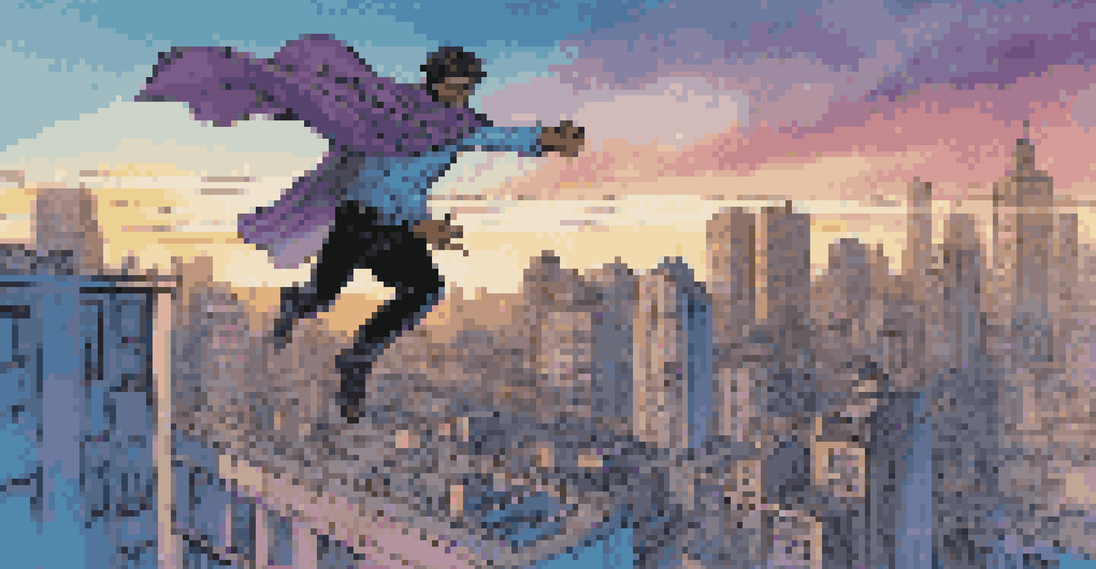 A character leaping across city rooftops at twilight, surrounded by motion lines.