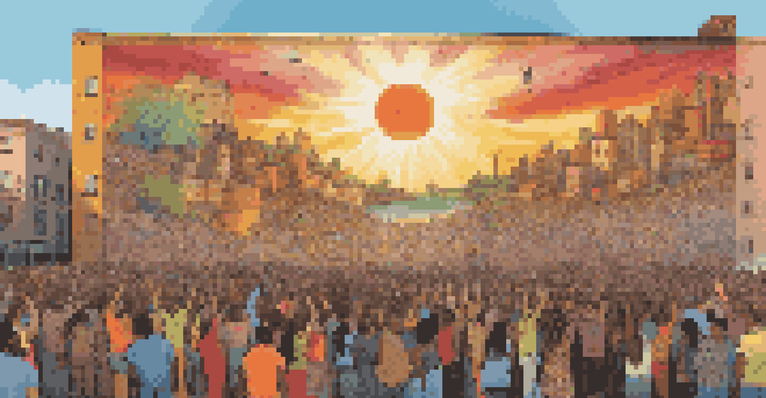 A large mural on a city wall depicting social justice themes, with a crowd of people admiring it at sunset.