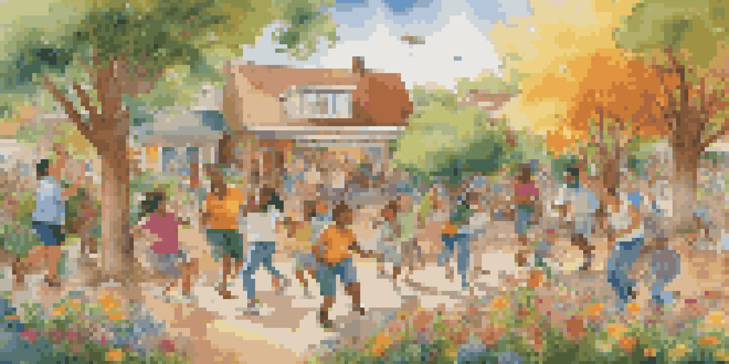 A colorful community mural with diverse individuals painting together in a joyful atmosphere, surrounded by nature.