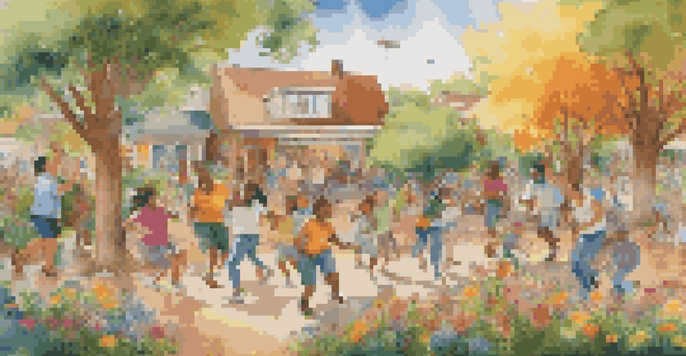 A colorful community mural with diverse individuals painting together in a joyful atmosphere, surrounded by nature.
