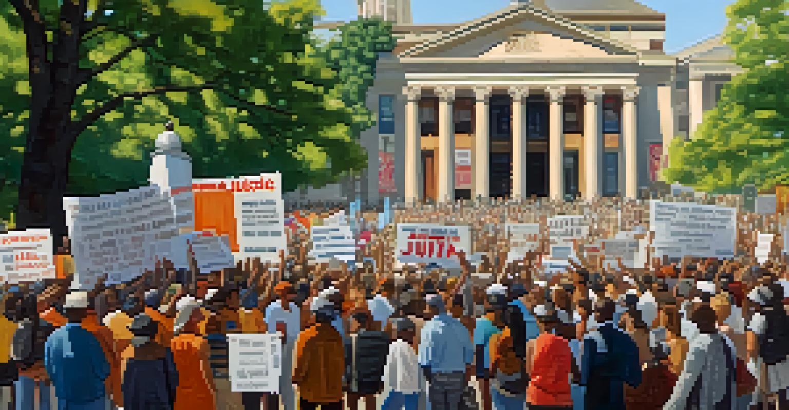 A lively outdoor protest scene with diverse individuals holding signs about equality and justice in a city square.
