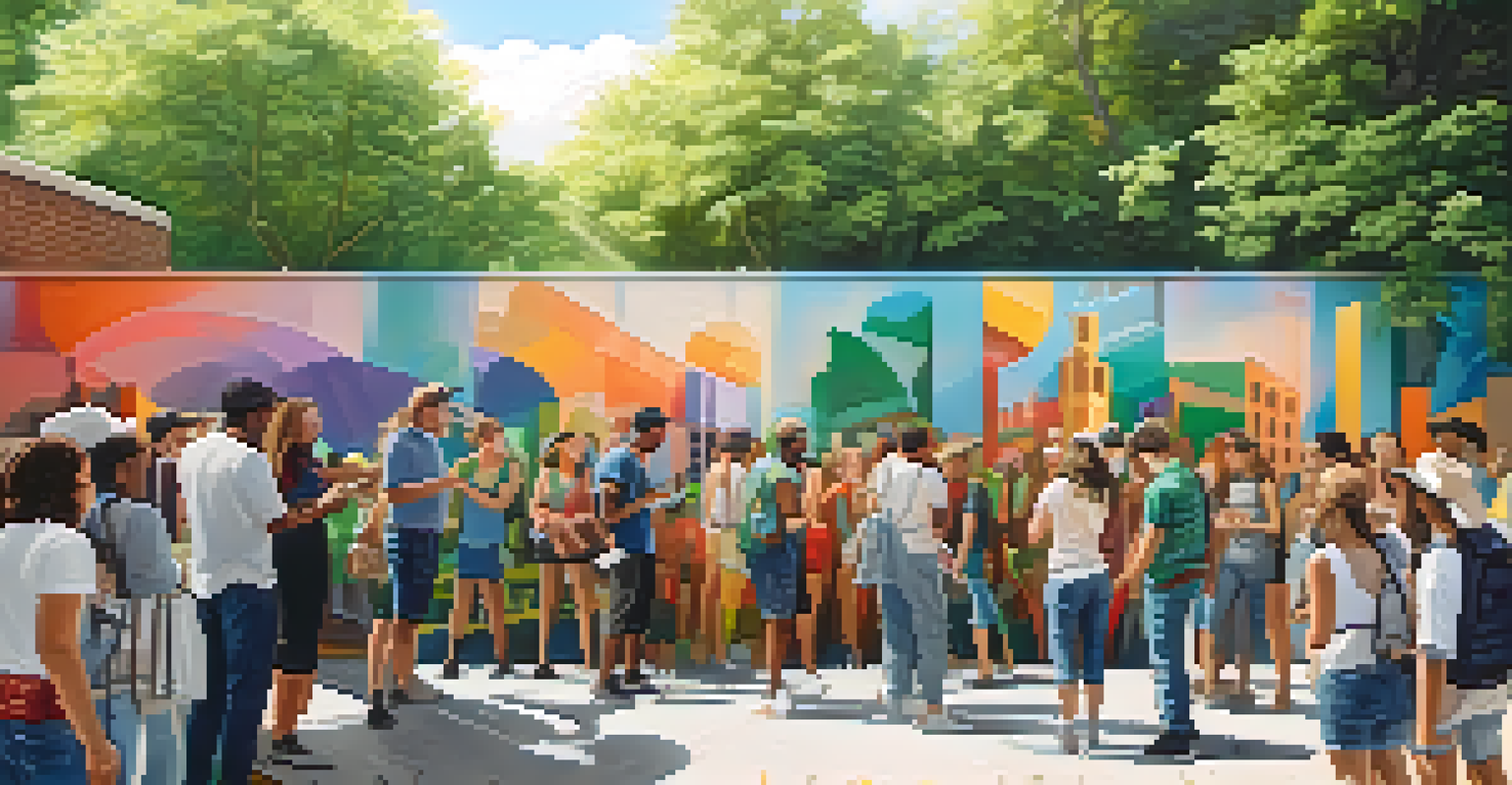 A collaborative mural painting scene with artists and engaged onlookers in an urban setting, filled with greenery and sunlight.