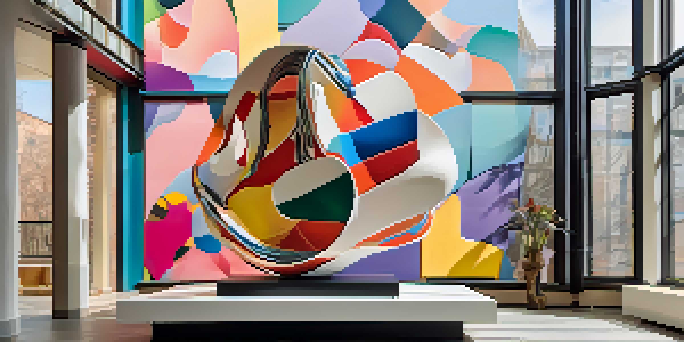 A large abstract sculpture made from recycled materials in front of a colorful mural about gender expressions, illuminated by soft natural light.