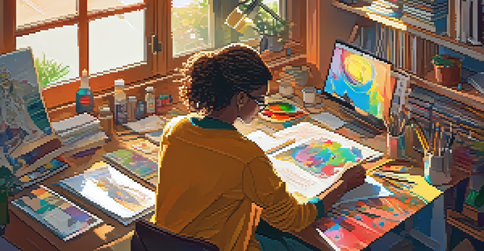 An artist working on graphic novel illustrations in a colorful and well-lit studio, surrounded by sketches and art supplies.