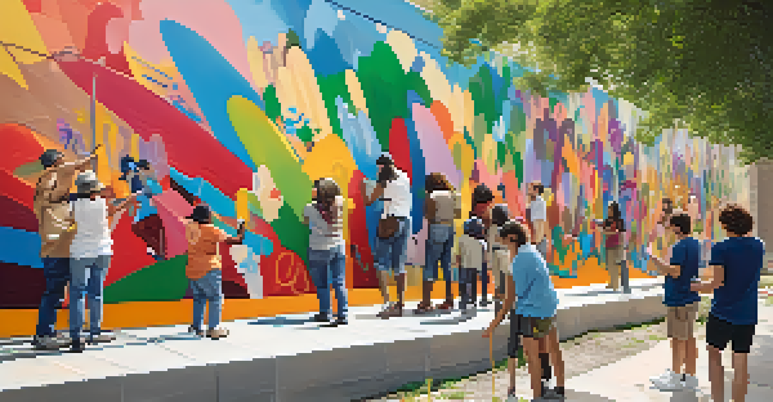 A community mural project with diverse people painting a vibrant wall, surrounded by greenery and sunlight.