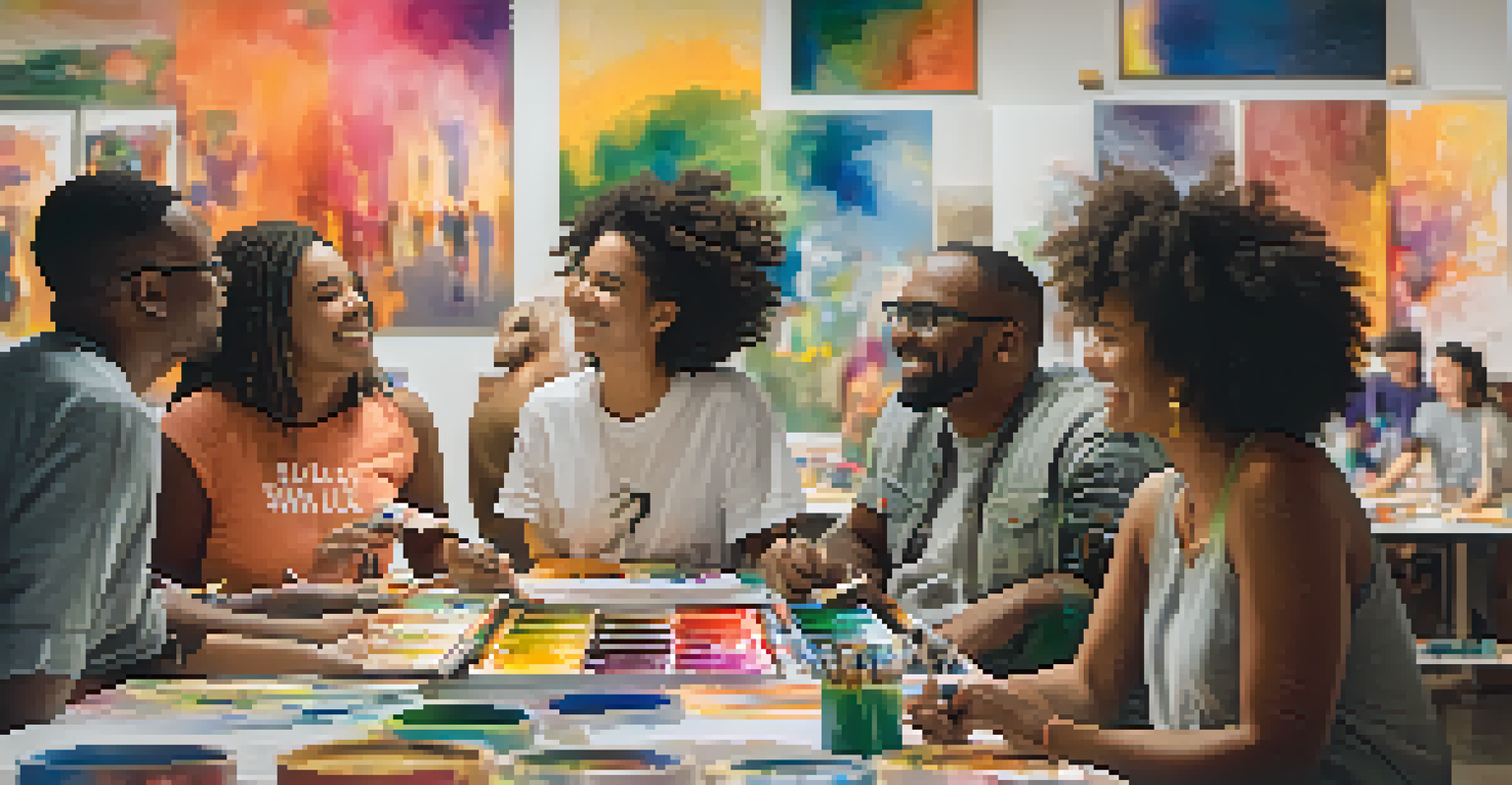 A diverse group of people working together in an art workshop, creating colorful artwork at a table.