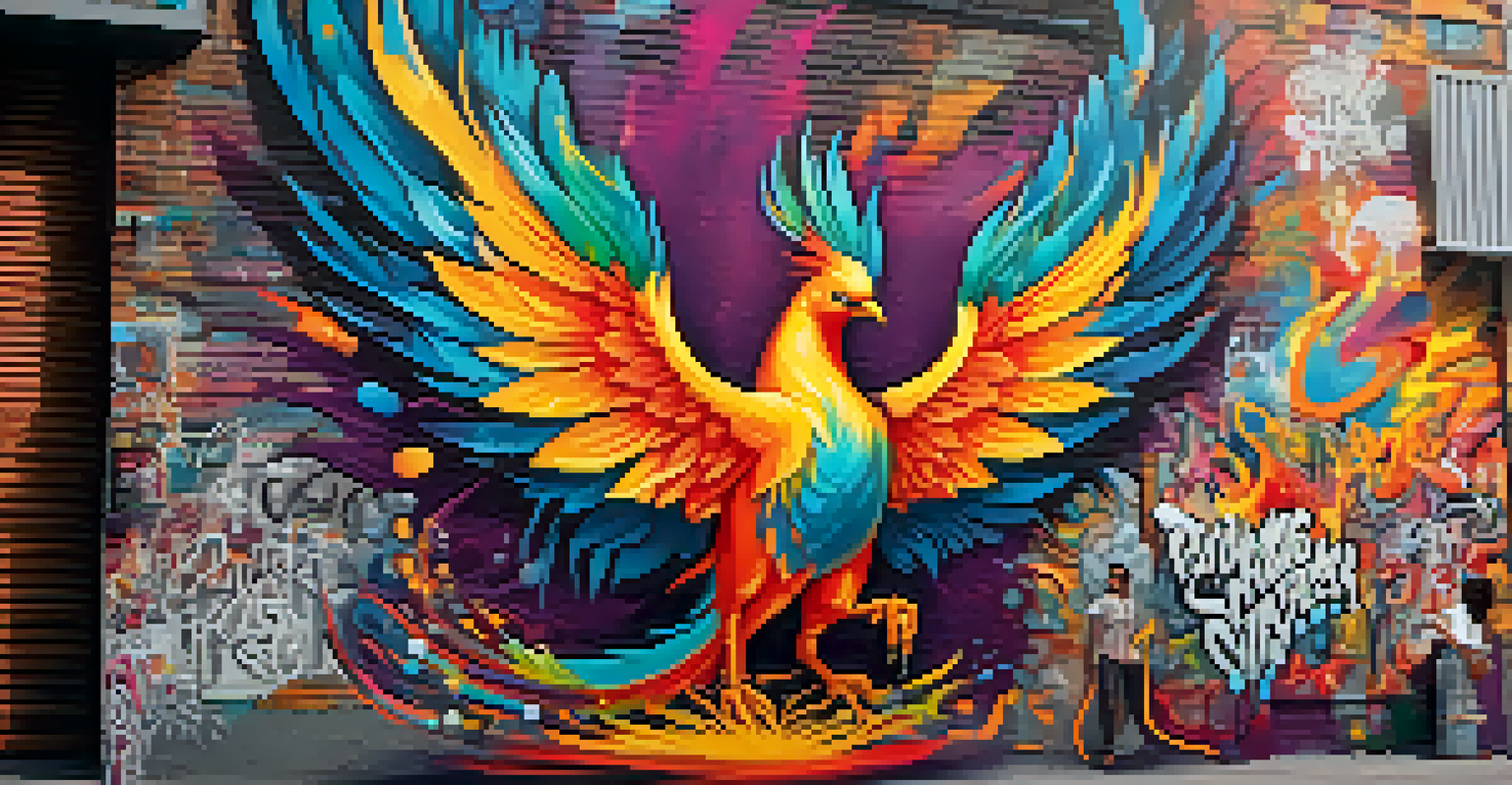 A colorful street art mural of a phoenix in an urban setting, with people walking by.