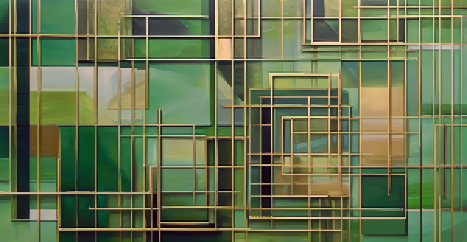 An abstract piece with geometric shapes in green and gold, arranged harmoniously against a textured background.