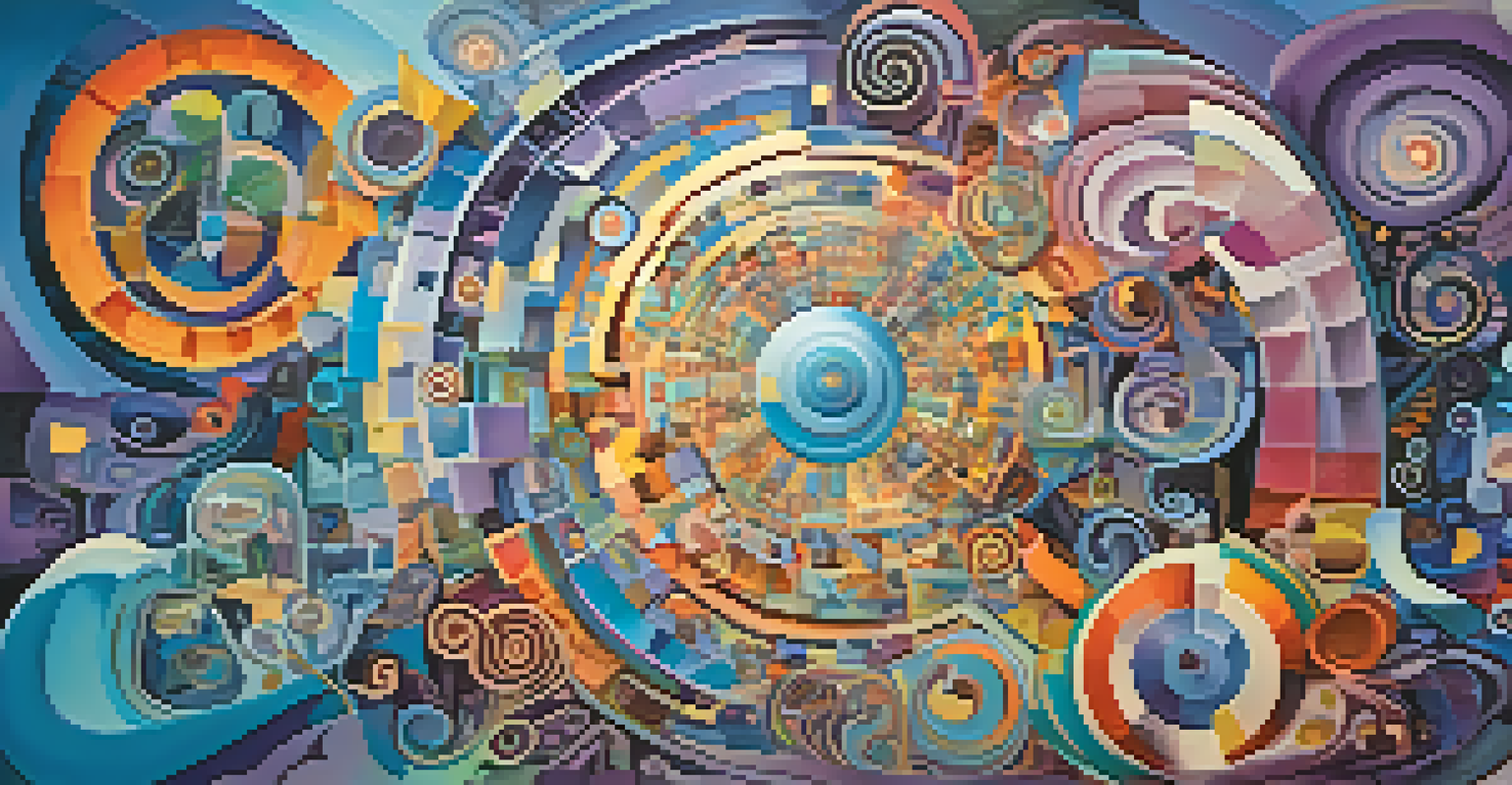 An abstract illustration of the subconscious mind, featuring swirling colors and symbolic objects representing self-exploration and creativity.