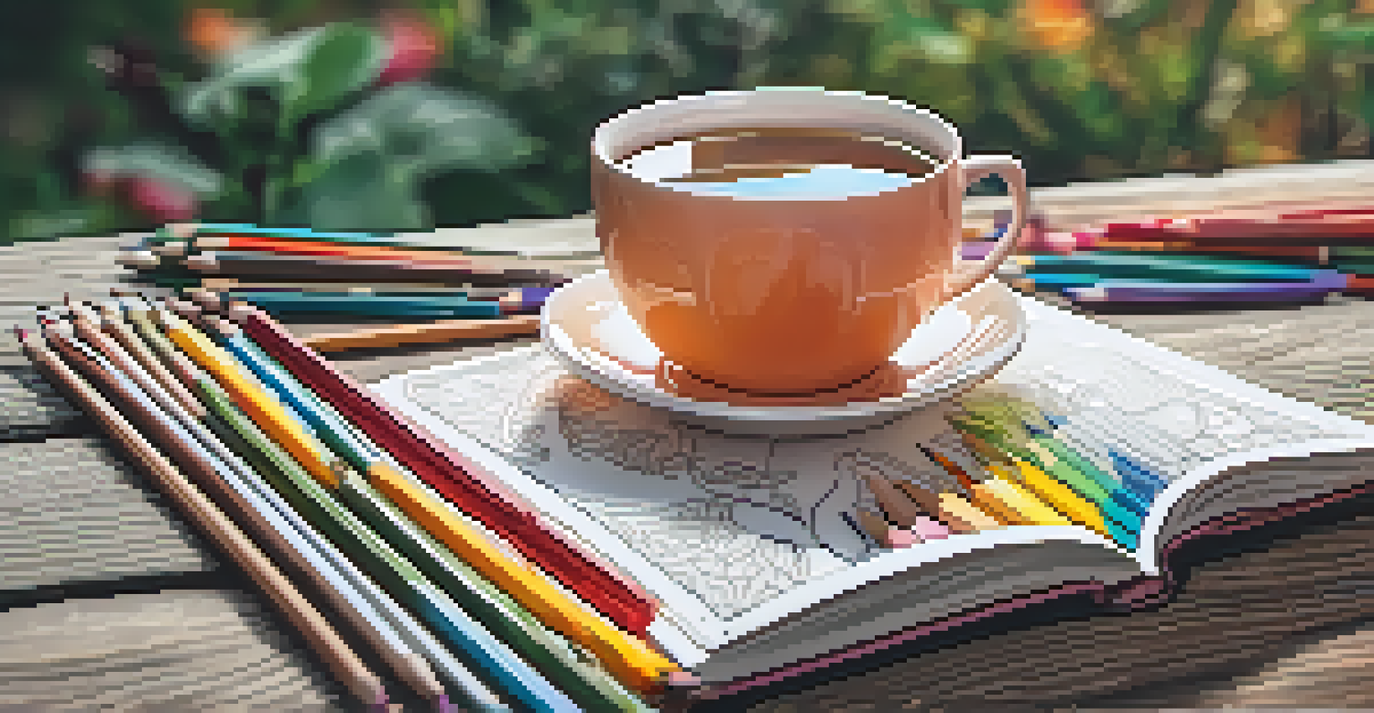 A hand coloring in a detailed coloring book with pencils and a cup of tea on a wooden table.