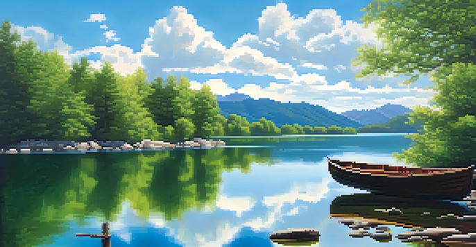 A peaceful lake scene with green mountains, a clear blue sky, and a wooden boat floating on the water, reflecting the surrounding nature.