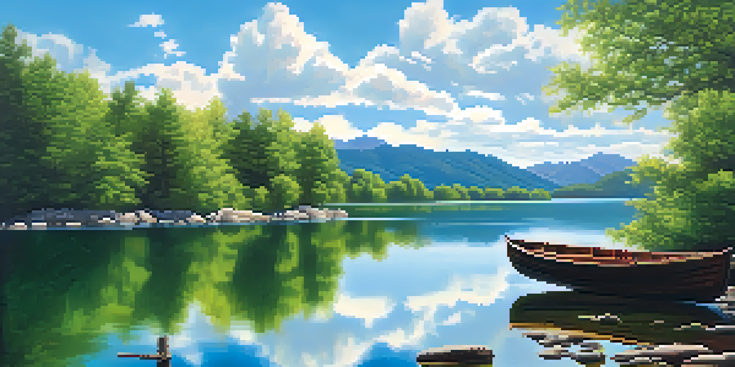 A peaceful lake scene with green mountains, a clear blue sky, and a wooden boat floating on the water, reflecting the surrounding nature.