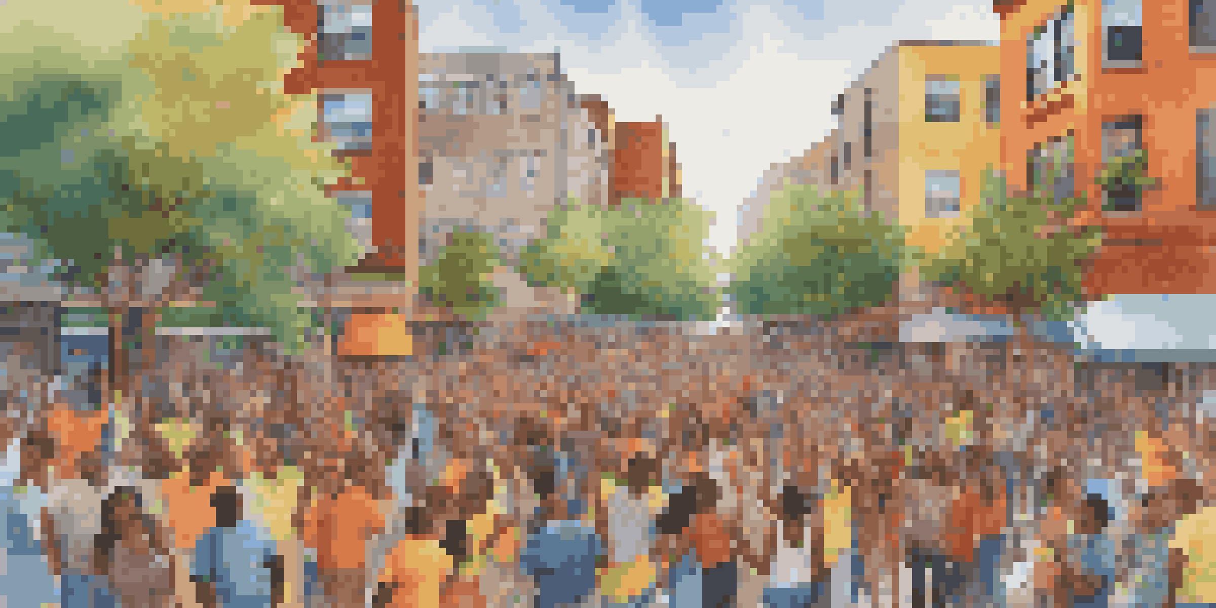 A community mural creation scene with diverse individuals joyfully painting together in an urban setting.