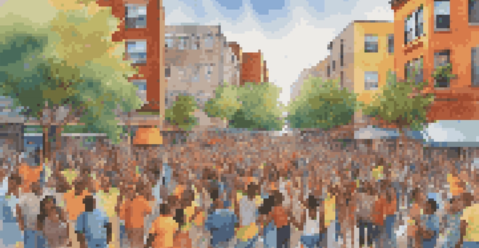 A community mural creation scene with diverse individuals joyfully painting together in an urban setting.