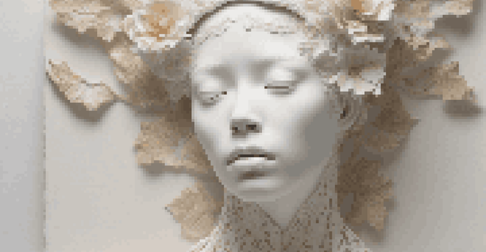 A detailed close-up of a fragile porcelain sculpture with floral patterns, softly illuminated to highlight its delicacy and craftsmanship.