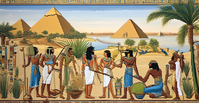 Photorealistic image of an ancient Egyptian mural showing farmers working in a lush landscape by the Nile River, with vibrant colors and intricate details.