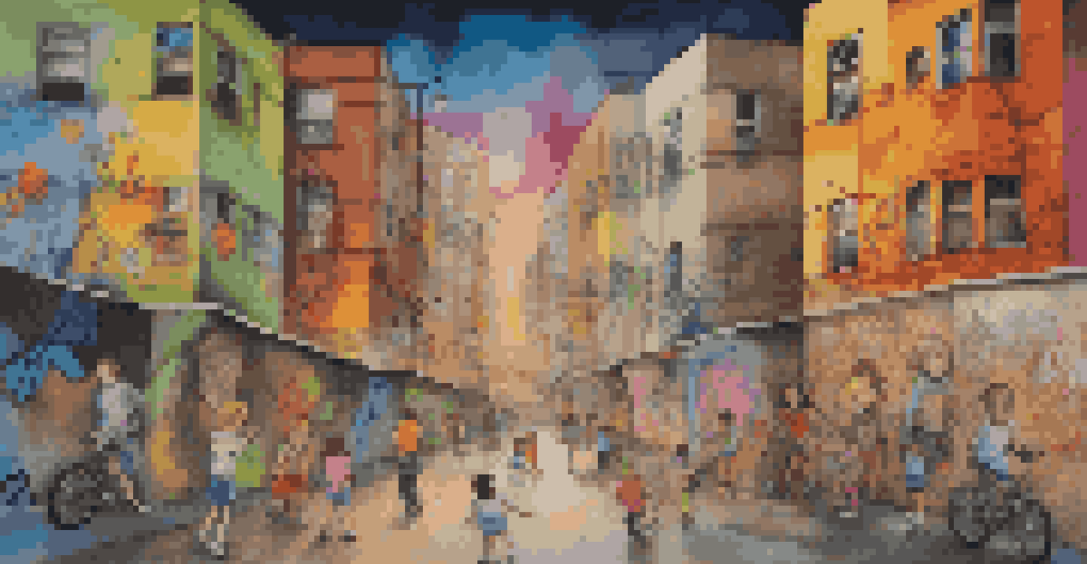 A street art mural depicting children exploring an urban environment, surrounded by vibrant colors and graffiti reflecting social issues.