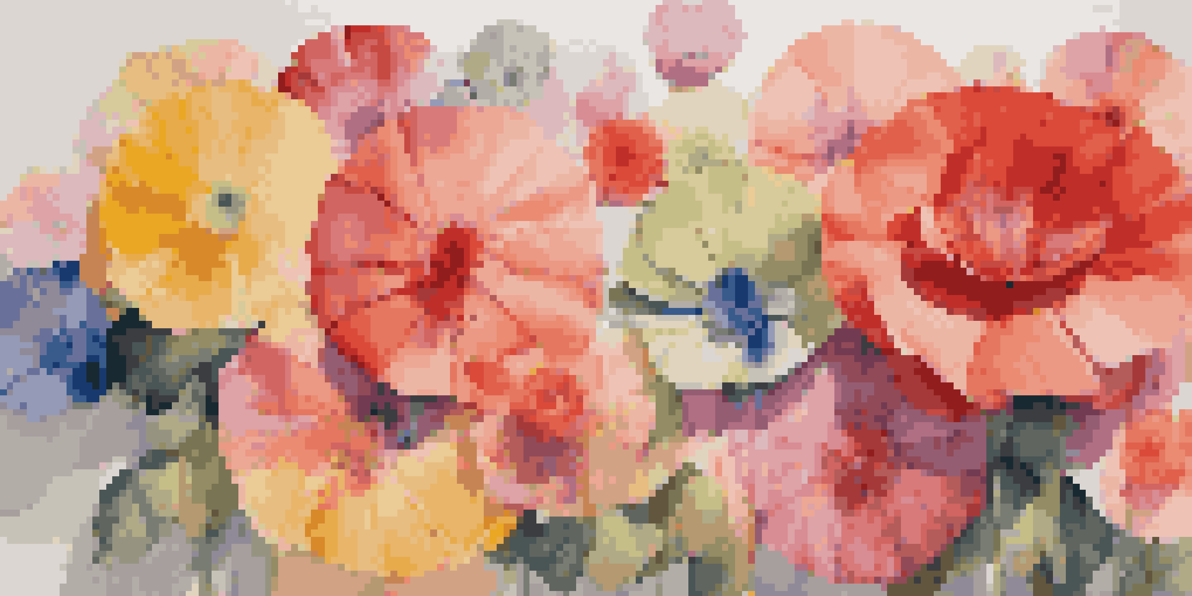 An art installation with large, colorful fabric flowers arranged in a circle, representing gender diversity and self-expression.
