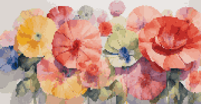 An art installation with large, colorful fabric flowers arranged in a circle, representing gender diversity and self-expression.