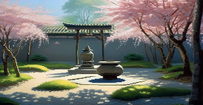 A peaceful Zen garden featuring raked gravel, bamboo, cherry blossoms, and a stone lantern under soft sunlight.