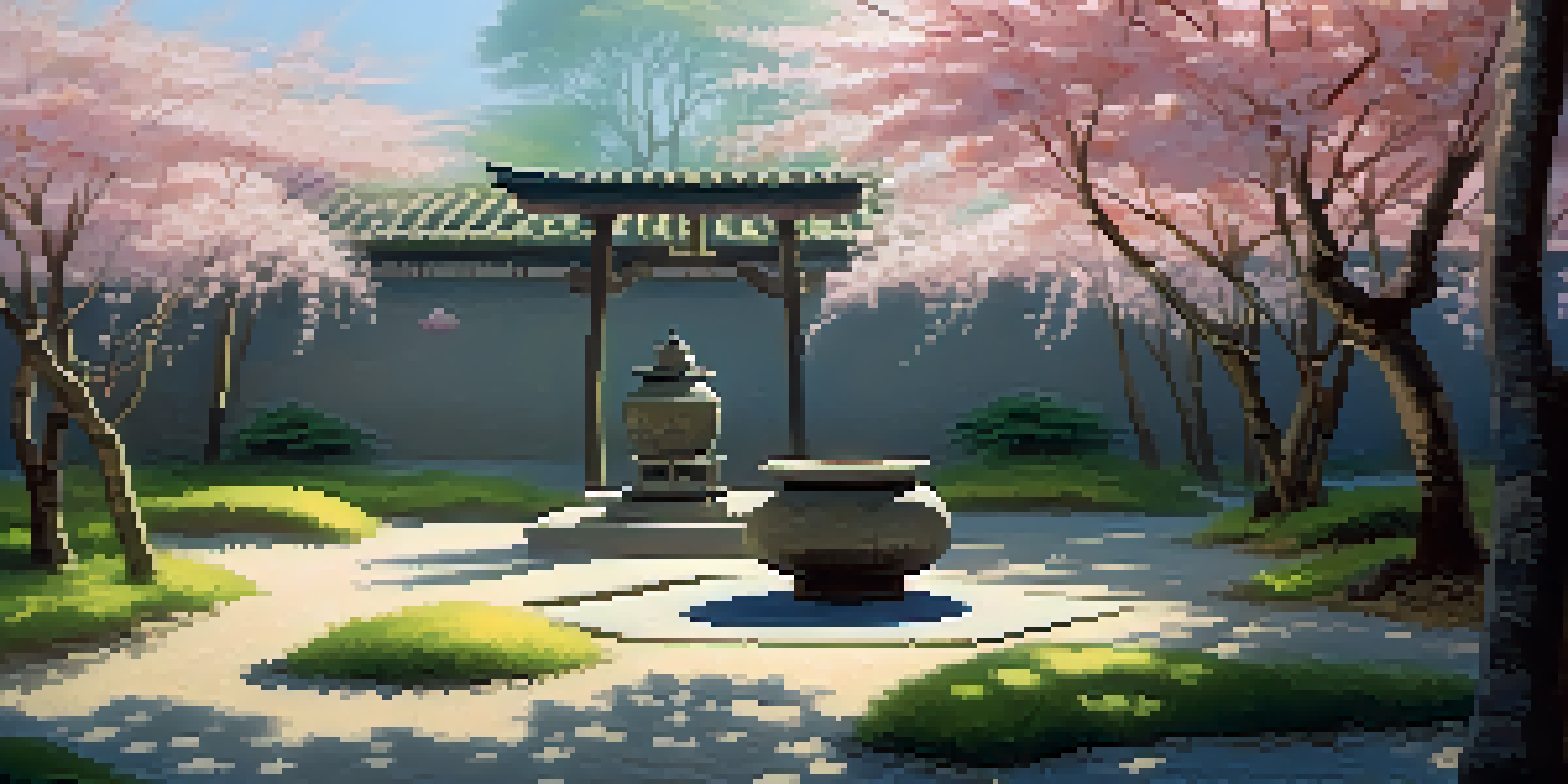 A peaceful Zen garden featuring raked gravel, bamboo, cherry blossoms, and a stone lantern under soft sunlight.