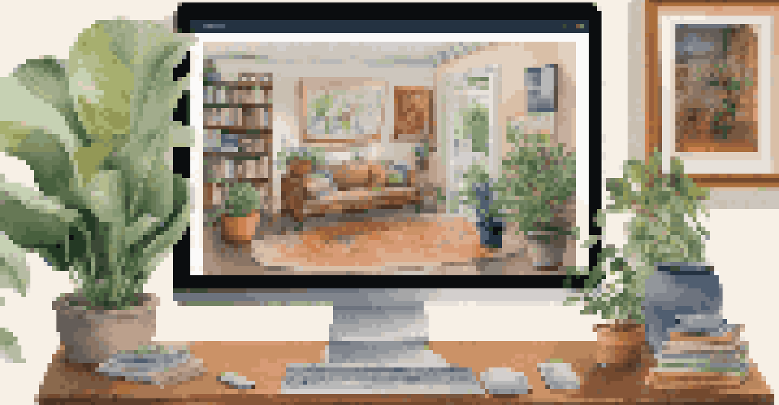 A digital art exhibition displayed on a computer screen, showcasing diverse artworks in a home office environment.