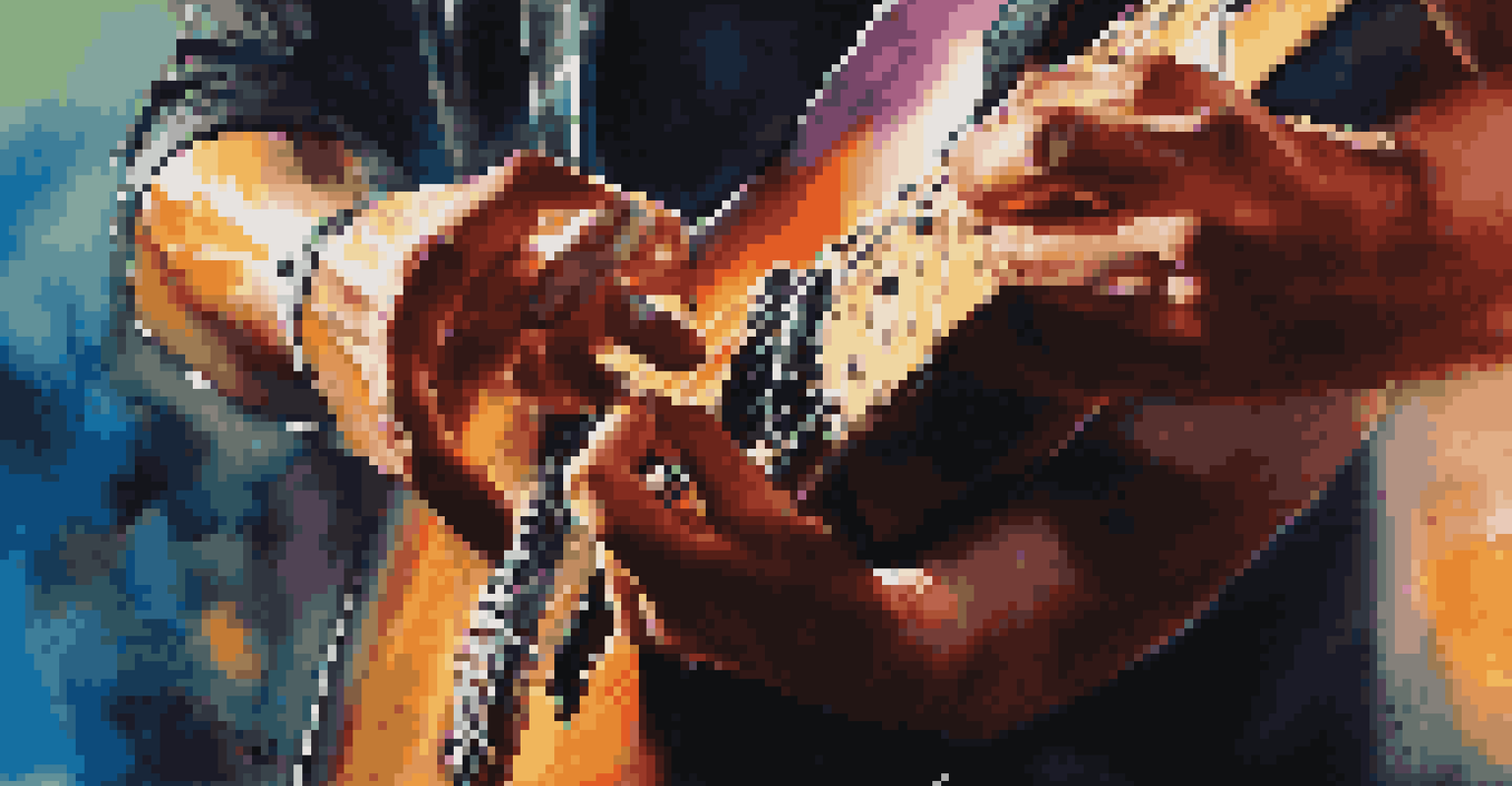 A close-up of a musician's hands playing a guitar on stage, with vibrant lights and a blurred audience in the background.