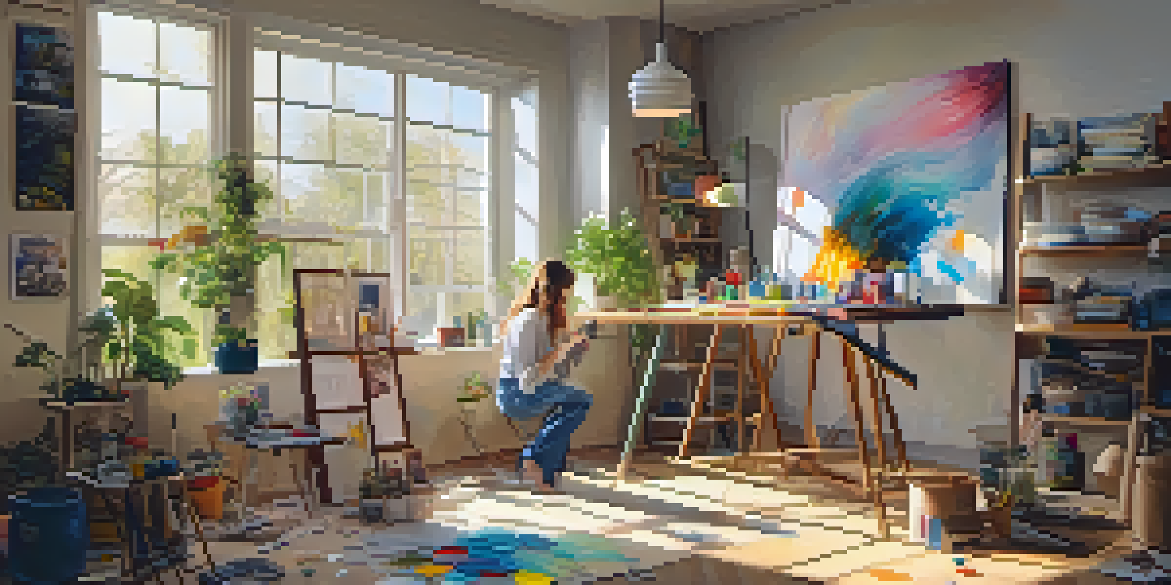 An artist working in a bright studio filled with eco-friendly materials, painting on recycled canvas with organic paints.