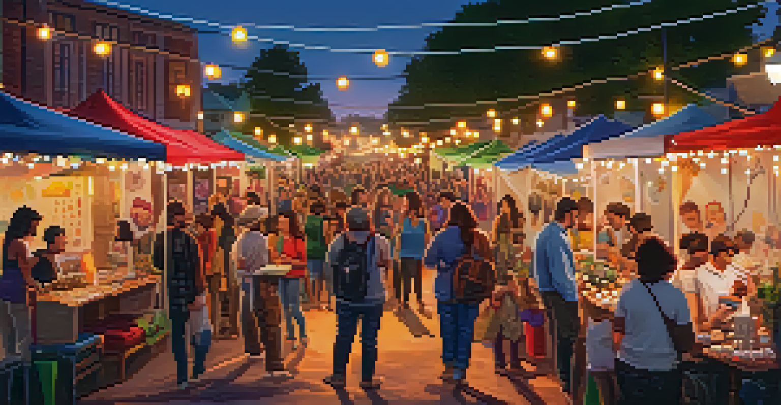 A community festival displaying local art, food stalls, and performances, with string lights creating a warm evening atmosphere.