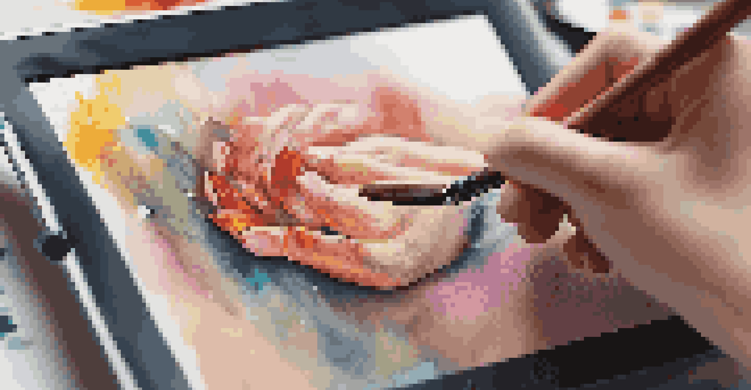 Close-up of an artist painting on a digital tablet, showcasing vivid colors and intricate designs.