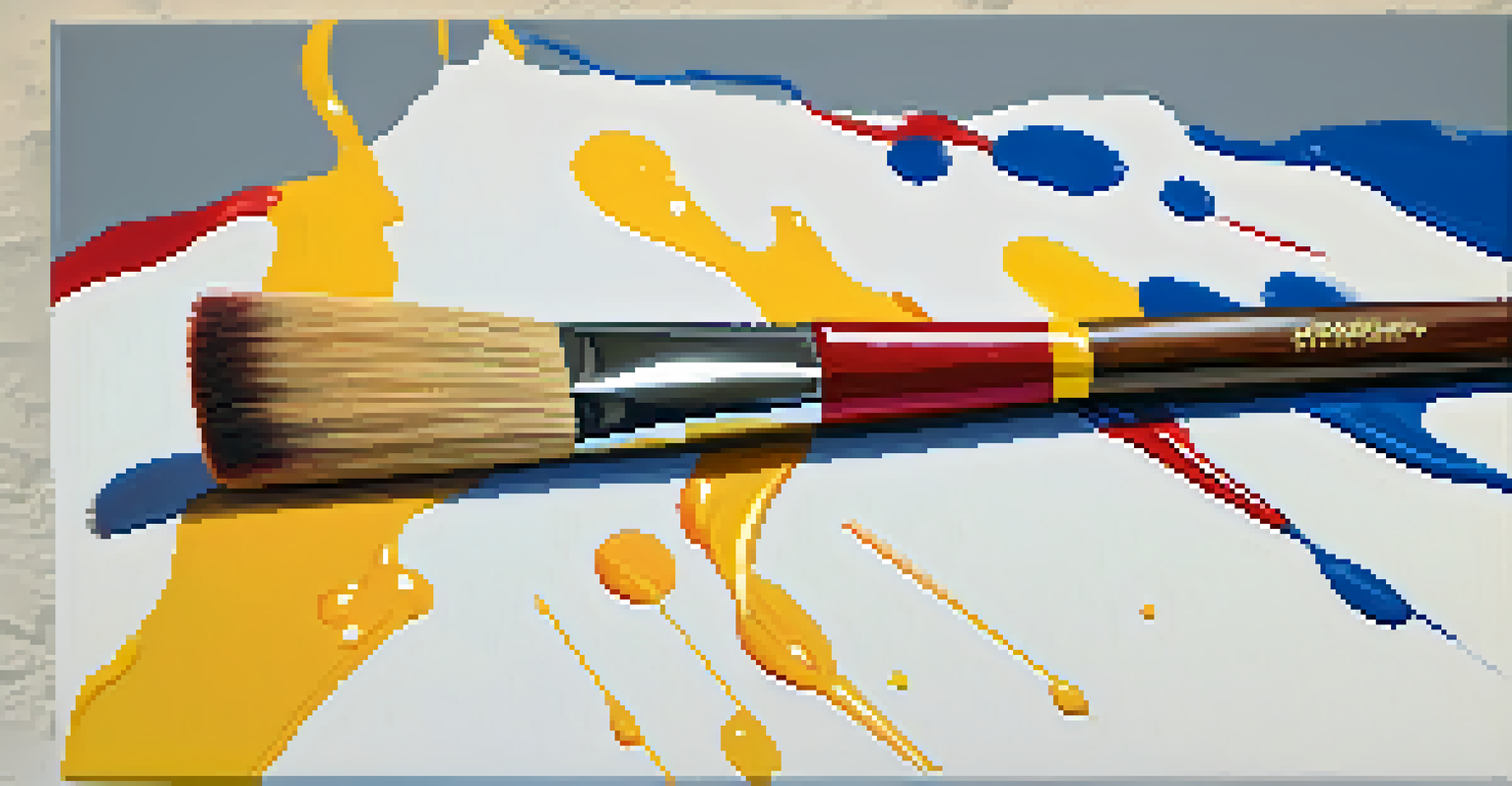 A close-up of a hand with a paintbrush above a brightly painted canvas, showcasing vibrant colors and textures.