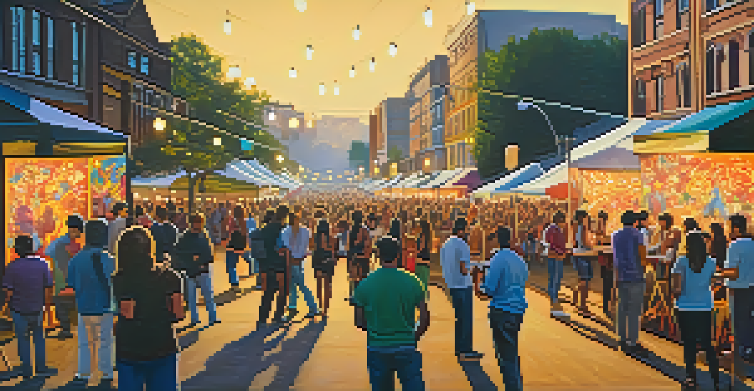 An outdoor art festival with artists painting, colorful artworks displayed, and people enjoying the festive atmosphere under string lights.