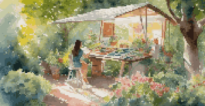 An artist painting in a vibrant garden, surrounded by colorful flowers and art supplies, with sunlight filtering through the leaves.
