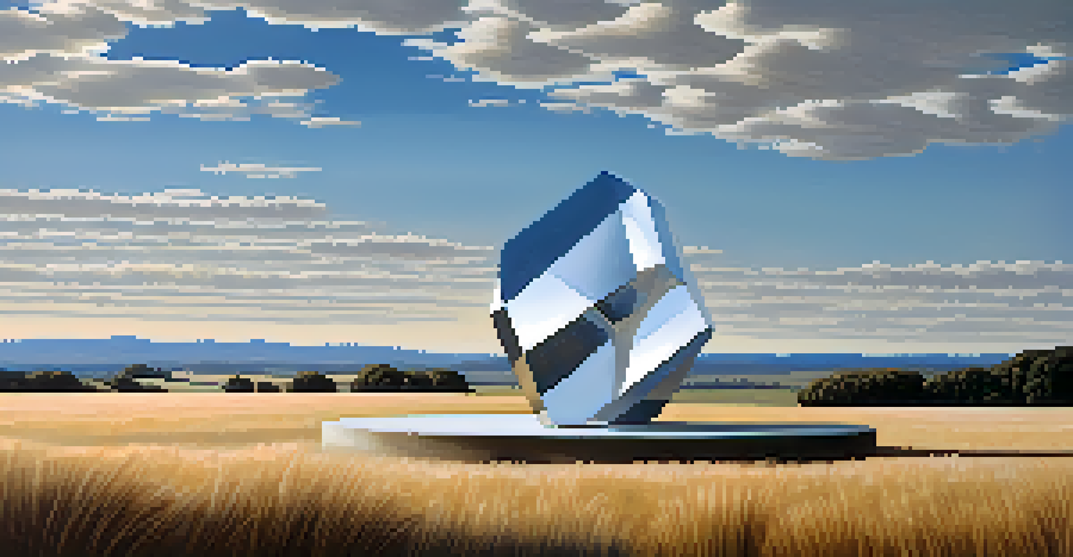 A lone geometric metal sculpture in an open field under a clear blue sky, reflecting the landscape and surrounded by soft clouds.