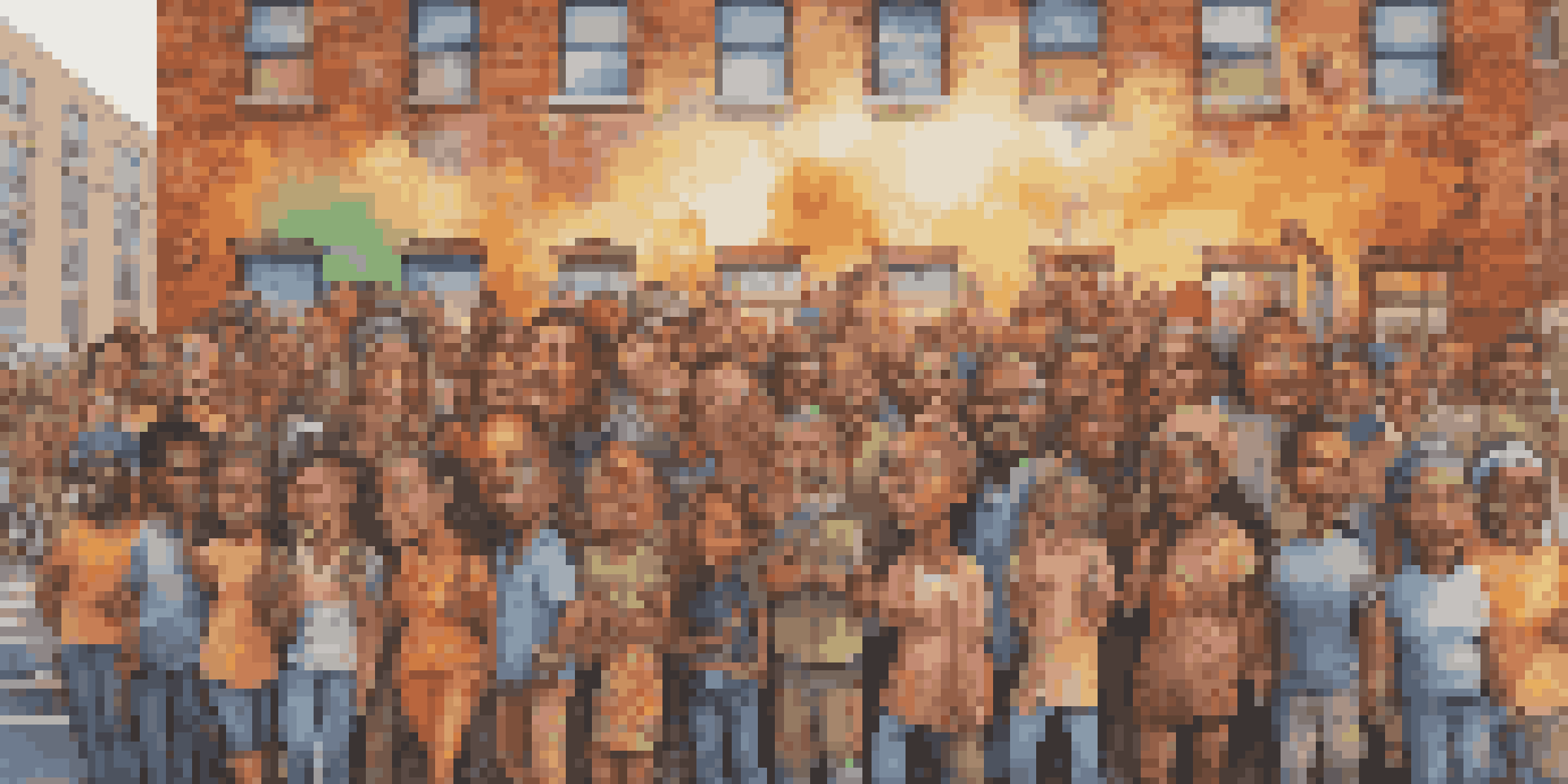 A colorful street mural showing diverse individuals peacefully protesting together with expressive faces and detailed clothing.