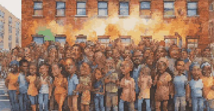 A colorful street mural showing diverse individuals peacefully protesting together with expressive faces and detailed clothing.